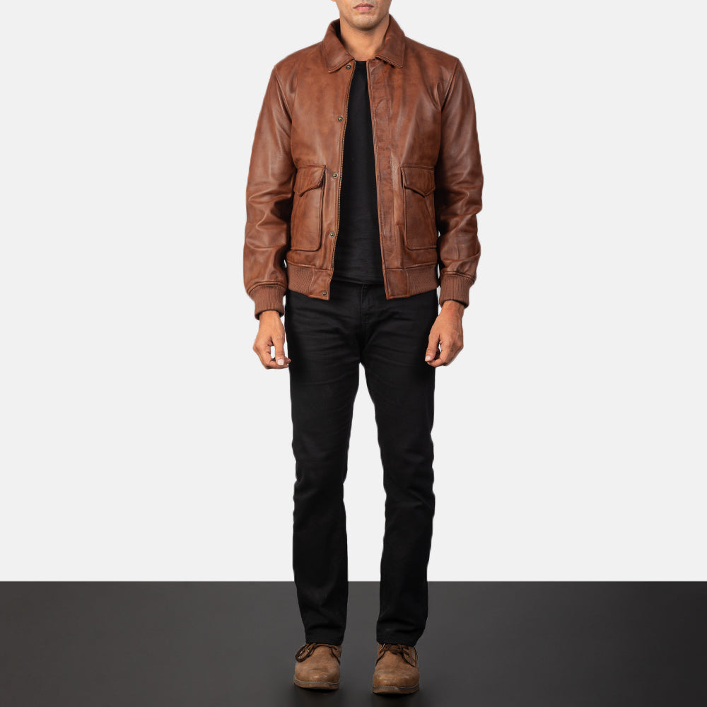 Coffmen Brown A2 Leather Bomber Jacket - men's jacket in brown sheepskin leather, view 3