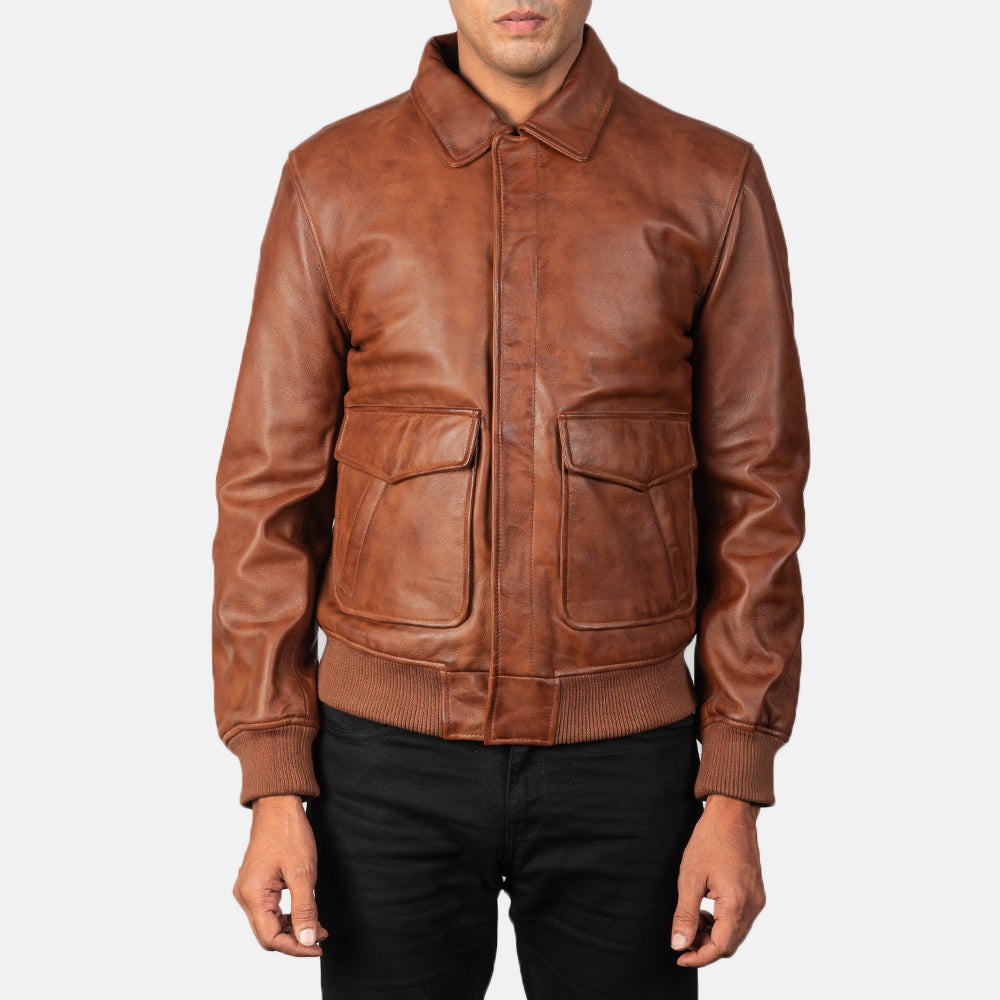 Coffmen Brown A2 Leather Bomber Jacket - men's jacket in brown sheepskin leather, view 4