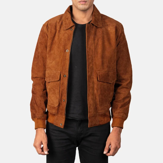 Coffmen Brown Suede A2 Bomber Jacket - men's jacket in brown suede leather, view 1