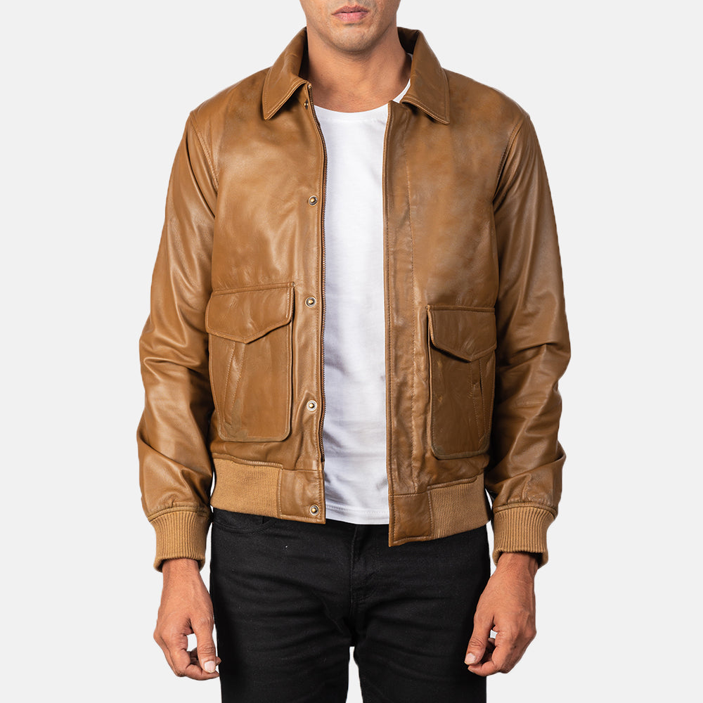 Coffmen Olive Brown A2 Leather Bomber Jacket - men's jacket in brown & olive sheepskin leather, view 1