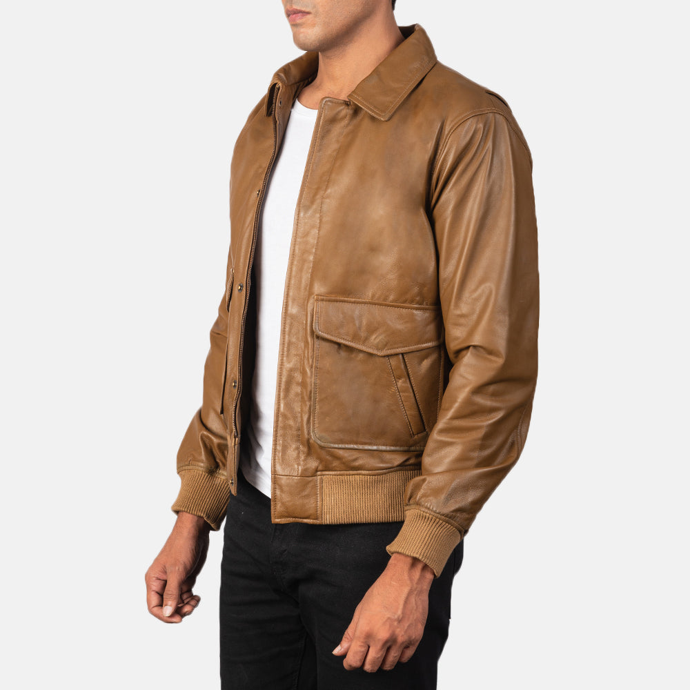 Coffmen Olive Brown A2 Leather Bomber Jacket - men's jacket in brown & olive sheepskin leather, view 2