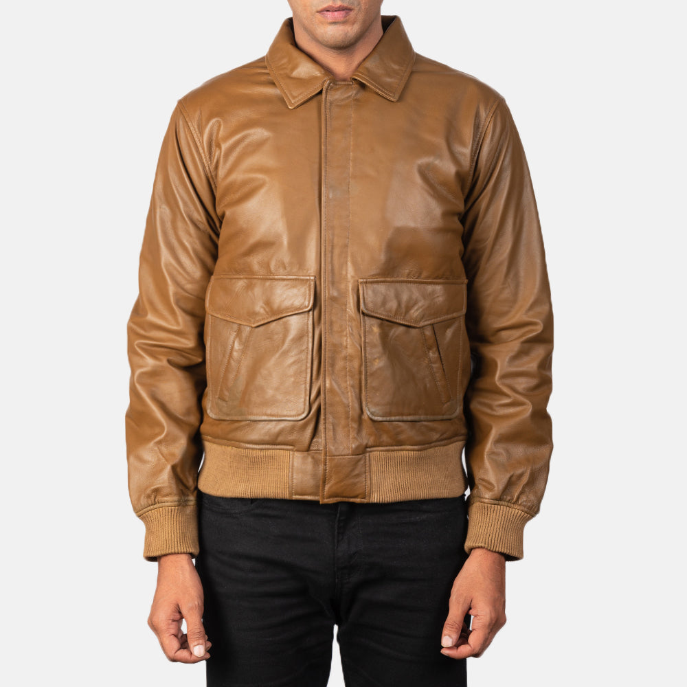 Coffmen Olive Brown A2 Leather Bomber Jacket - men's jacket in brown & olive sheepskin leather, view 3