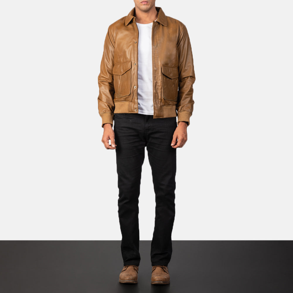 Coffmen Olive Brown A2 Leather Bomber Jacket - men's jacket in brown & olive sheepskin leather, view 4