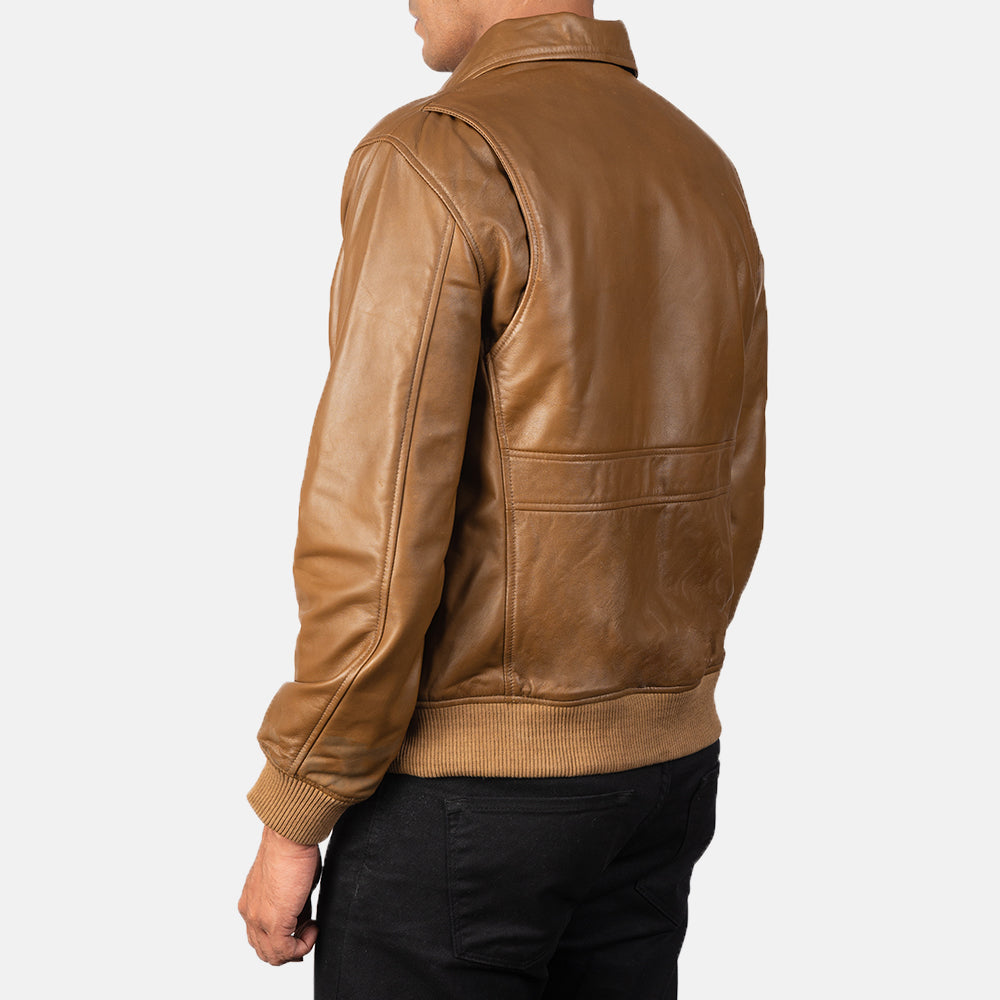 Coffmen Olive Brown A2 Leather Bomber Jacket - men's jacket in brown & olive sheepskin leather, view 5