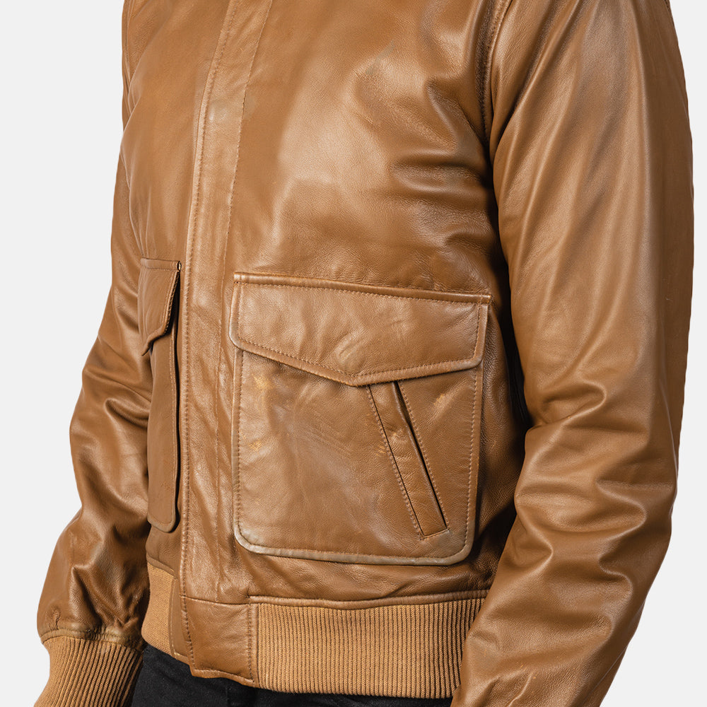 Coffmen Olive Brown A2 Leather Bomber Jacket - men's jacket in brown & olive sheepskin leather, view 6