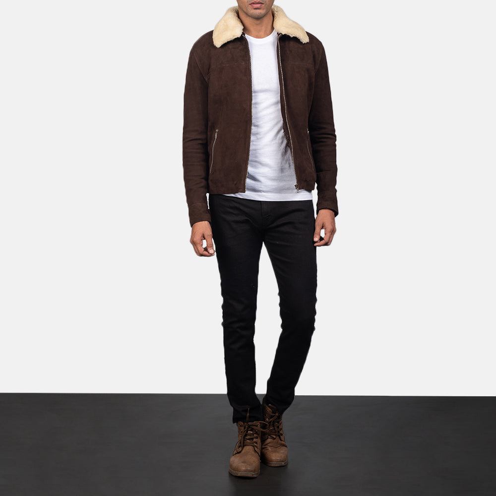 Coffner Brown Shearling Fur Jacket - men's jacket in brown goatskin leather, view 3