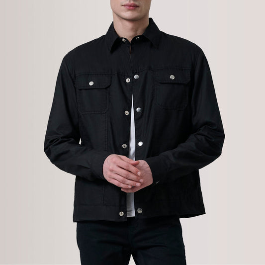 Colberto Black Waxed Canvas Trucker Jacket - men's jacket in black waxed canvas, view 1