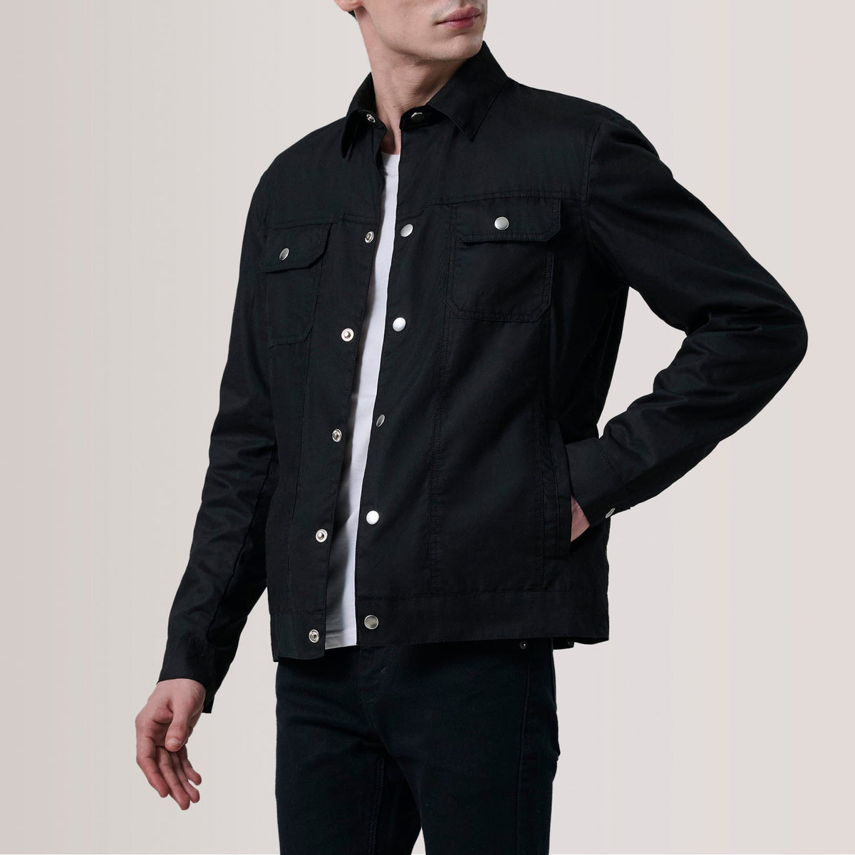 Colberto Black Waxed Canvas Trucker Jacket - men's jacket in black waxed canvas, view 3