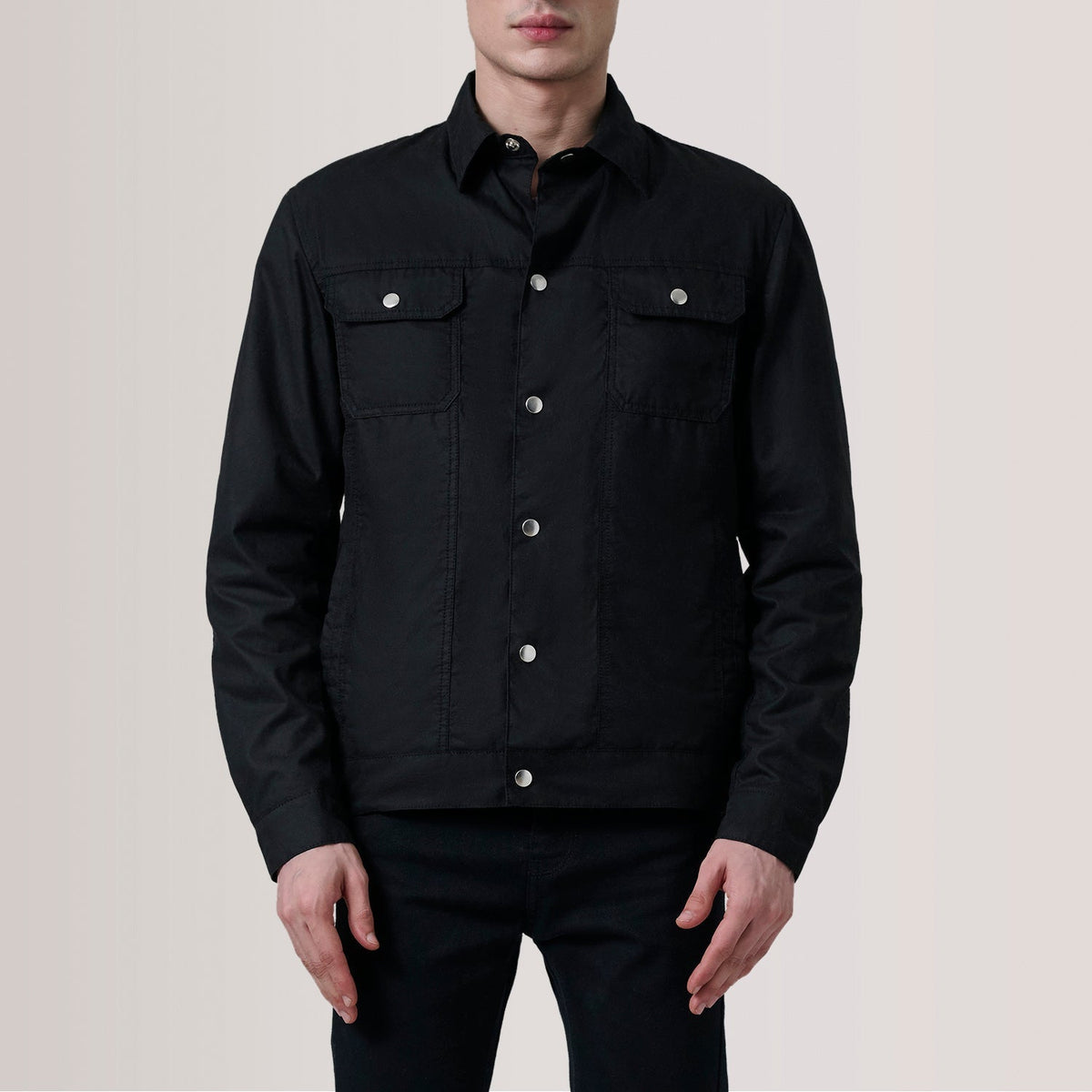 Colberto Black Waxed Canvas Trucker Jacket - men's jacket in black waxed canvas, view 5