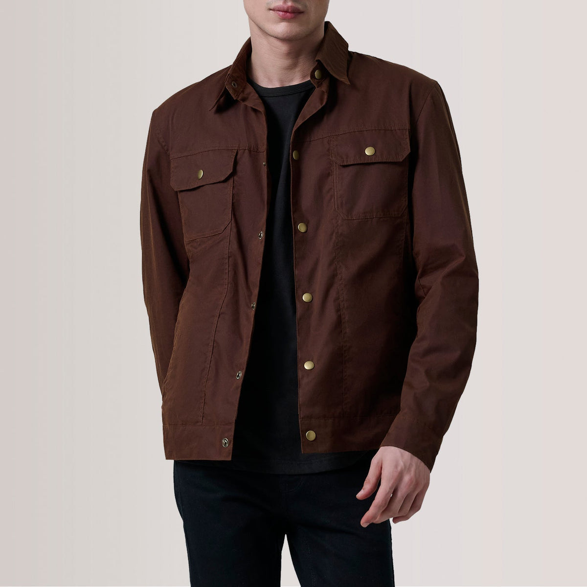 Colberto Brown Waxed Canvas Trucker Jacket - men's jacket in brown waxed canvas, view 1