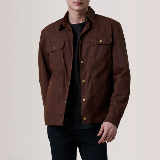 Colberto Brown Waxed Canvas Trucker Jacket - men's jacket in brown waxed canvas, view 1