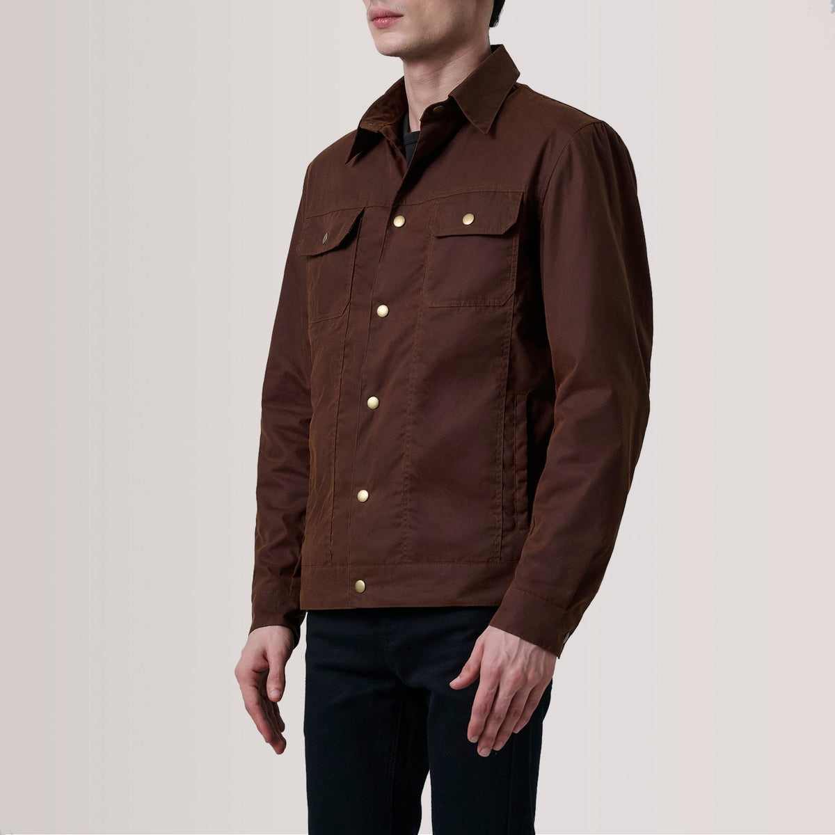 Colberto Brown Waxed Canvas Trucker Jacket - men's jacket in brown waxed canvas, view 3
