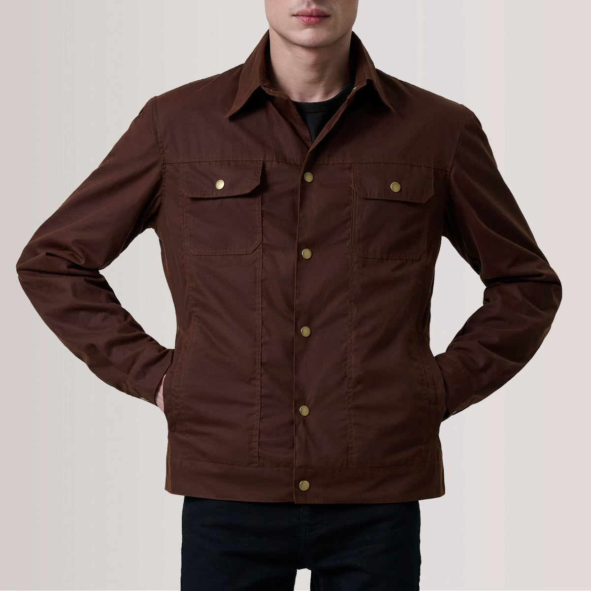 Colberto Brown Waxed Canvas Trucker Jacket - men's jacket in brown waxed canvas, view 5