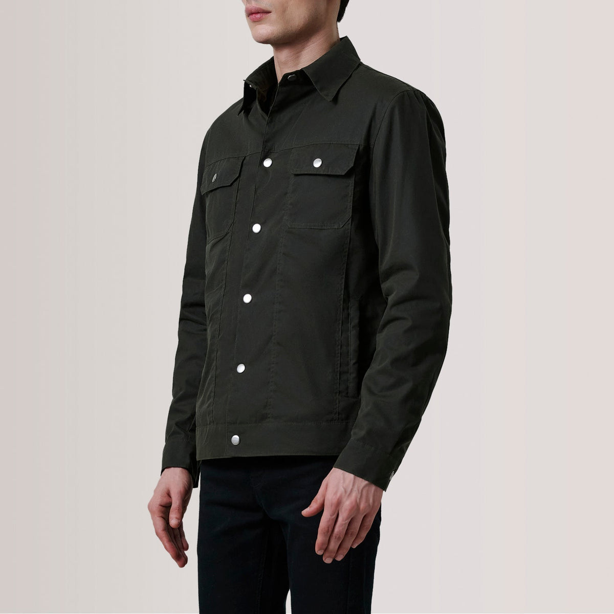 Colberto Olive Waxed Canvas Trucker Jacket - men's jacket in olive waxed canvas, view 3