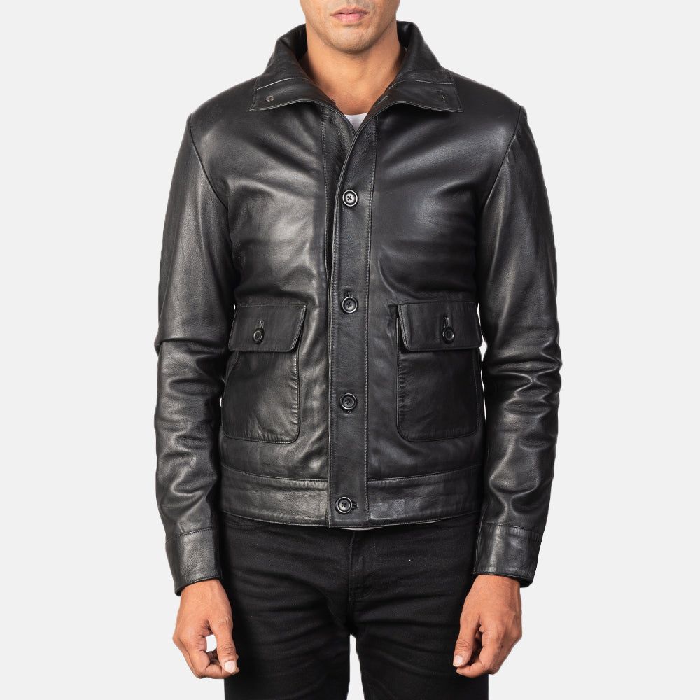 Columbus Black Leather Bomber Jacket - men's jacket in black sheepskin leather, view 1
