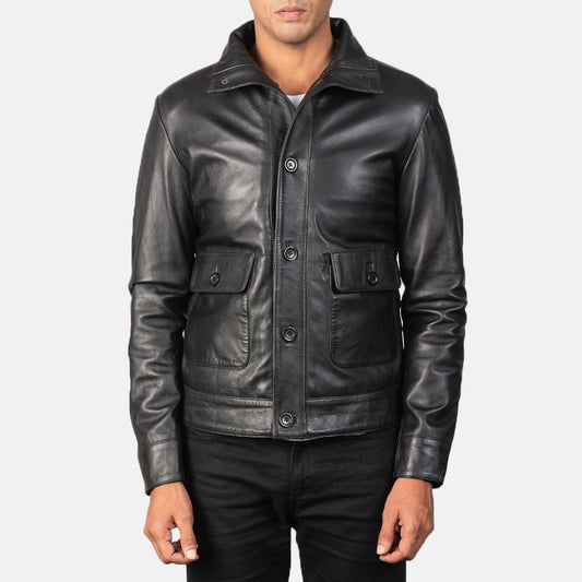 Columbus Black Leather Bomber Jacket - men's jacket in black sheepskin leather, view 1