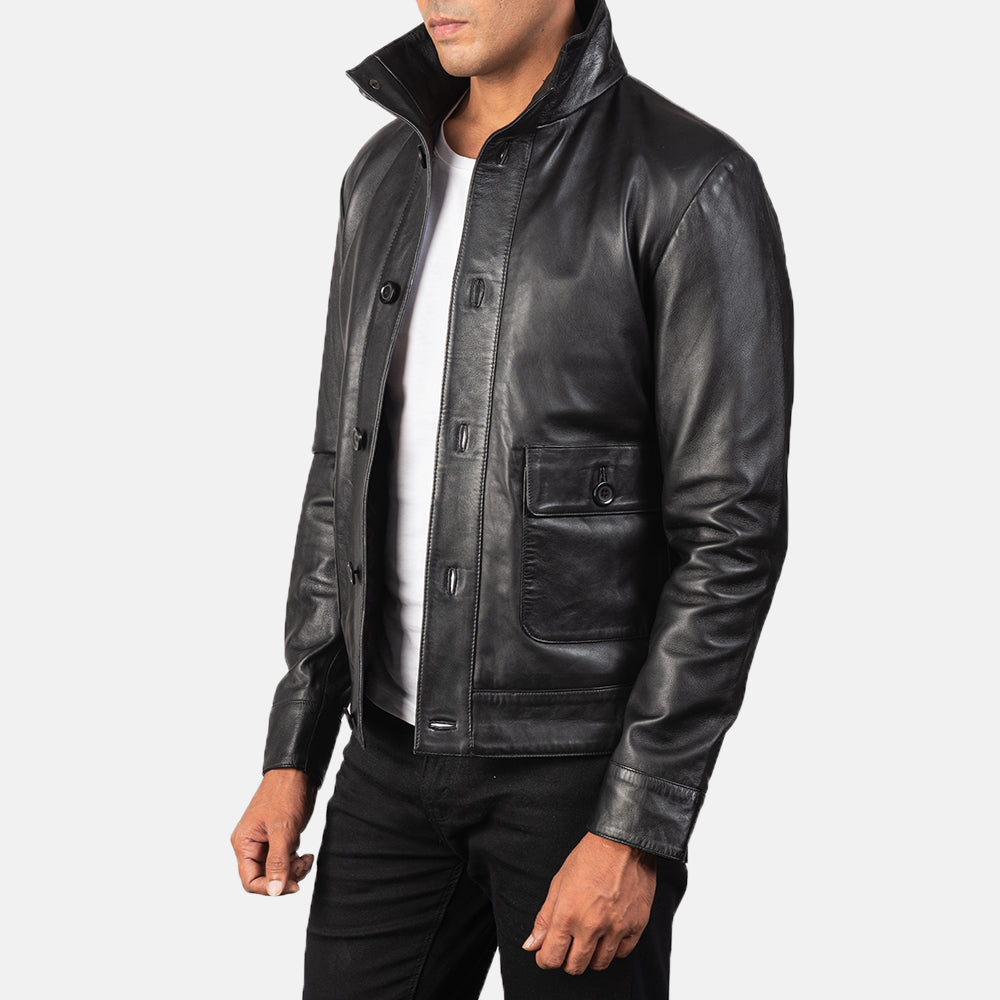 Columbus Black Leather Bomber Jacket - men's jacket in black sheepskin leather, view 2