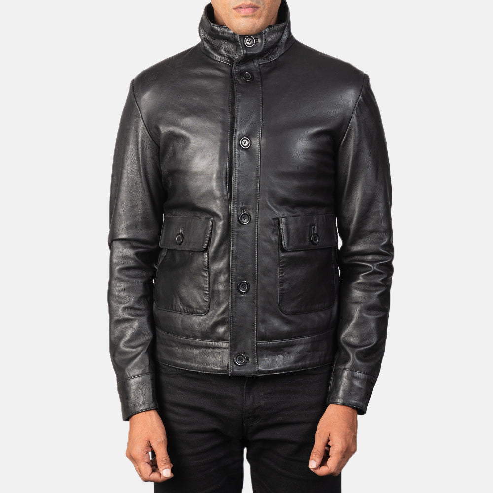 Columbus Black Leather Bomber Jacket - men's jacket in black sheepskin leather, view 3