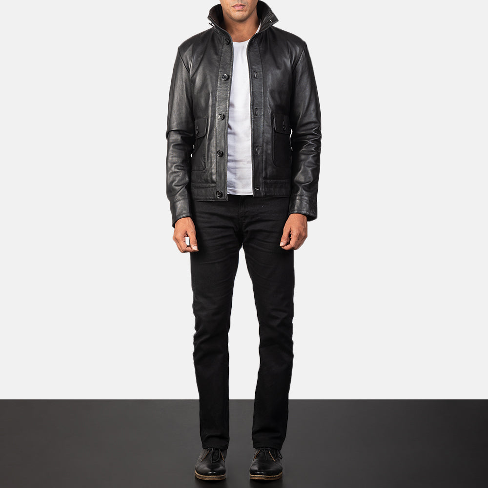 Columbus Black Leather Bomber Jacket - men's jacket in black sheepskin leather, view 4