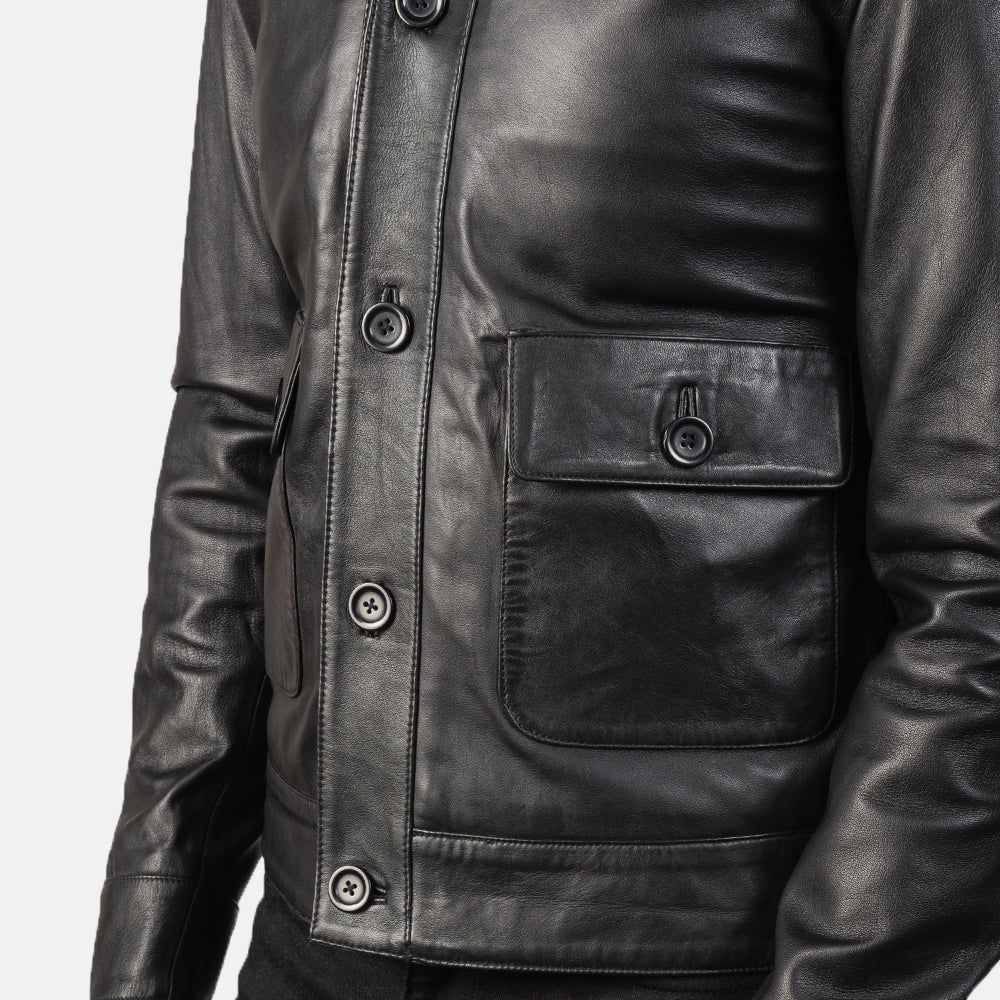 Columbus Black Leather Bomber Jacket - men's jacket in black sheepskin leather, view 6