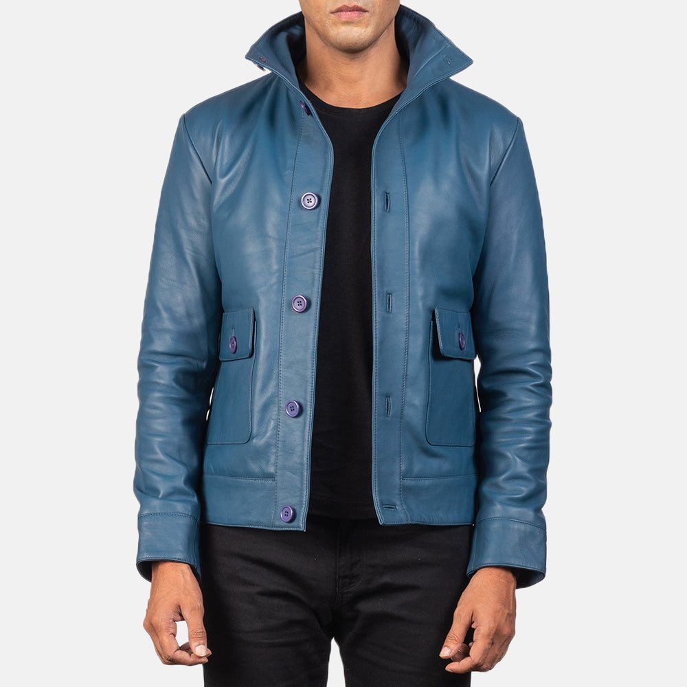 Columbus Blue Leather Bomber Jacket - men's jacket in blue sheepskin leather, view 1