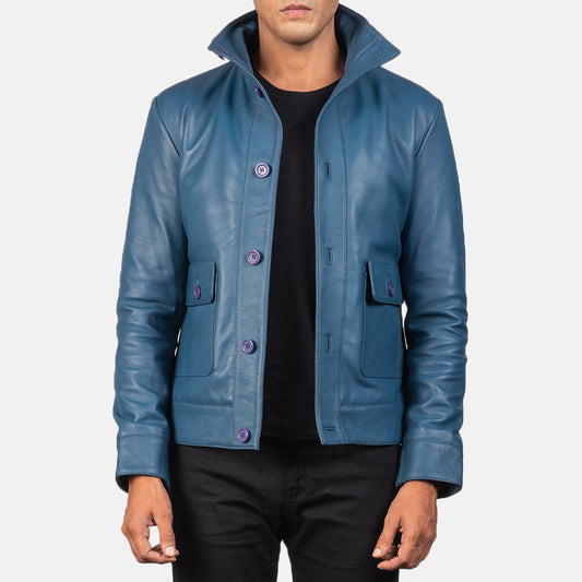 Columbus Blue Leather Bomber Jacket - men's jacket in blue sheepskin leather, view 1