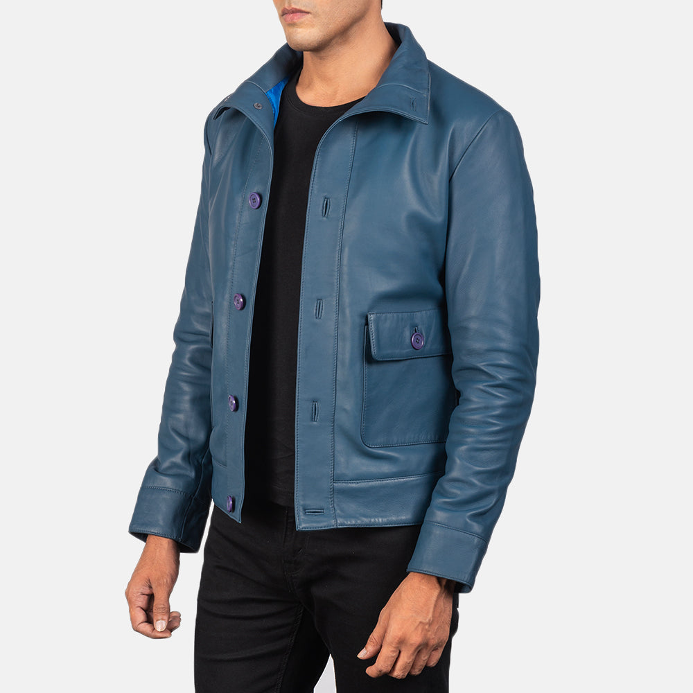 Columbus Blue Leather Bomber Jacket - men's jacket in blue sheepskin leather, view 2
