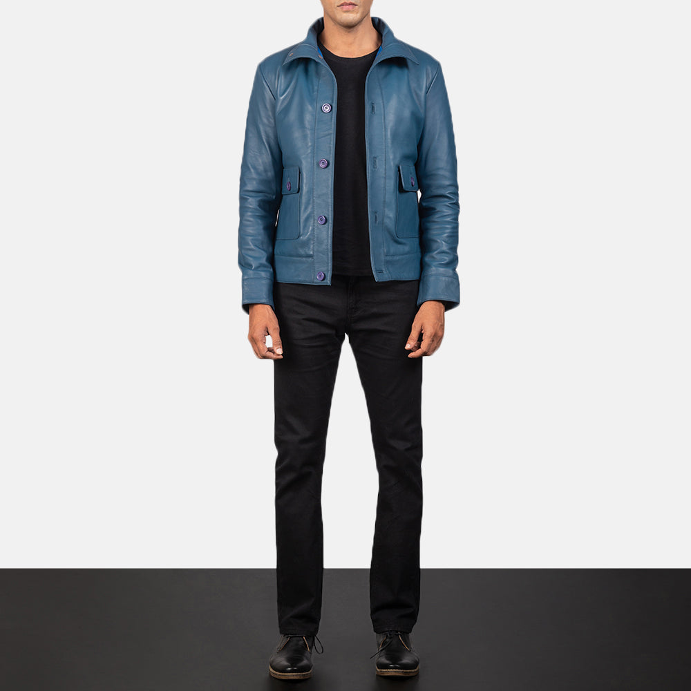 Columbus Blue Leather Bomber Jacket - men's jacket in blue sheepskin leather, view 3