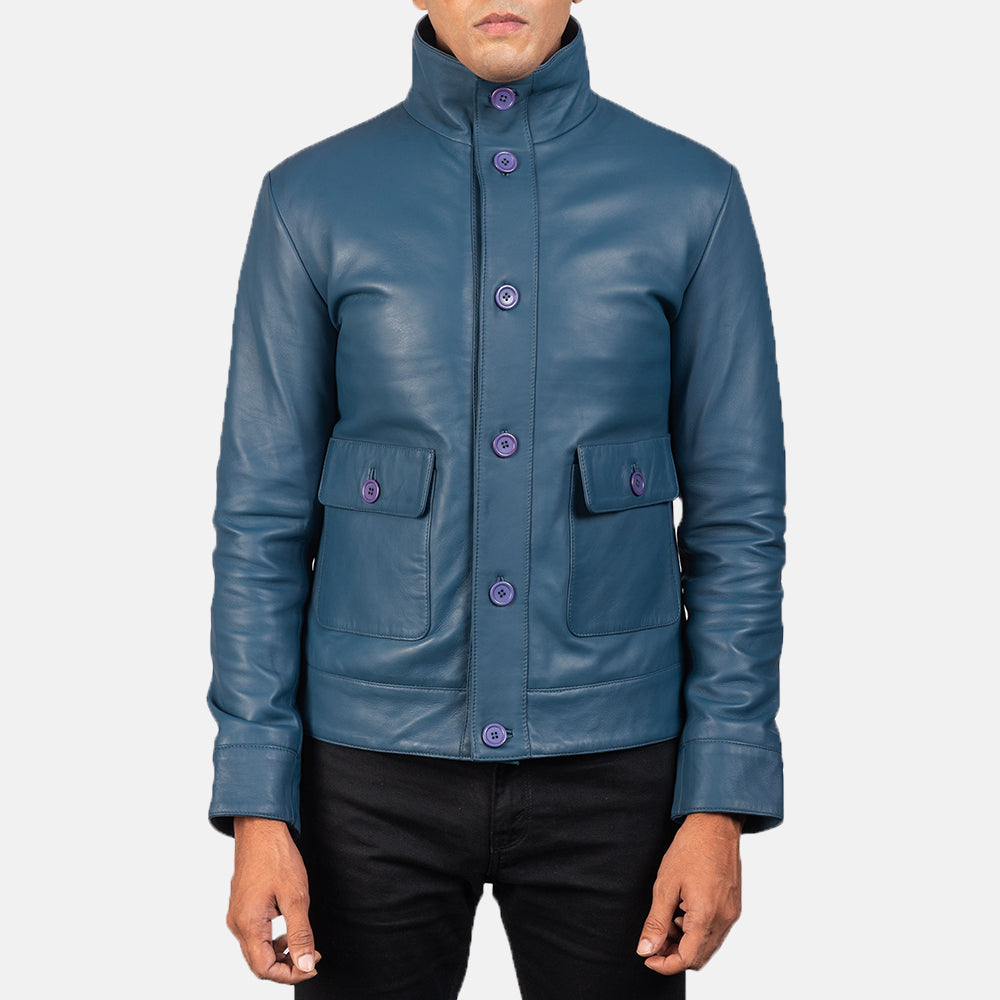 Columbus Blue Leather Bomber Jacket - men's jacket in blue sheepskin leather, view 4