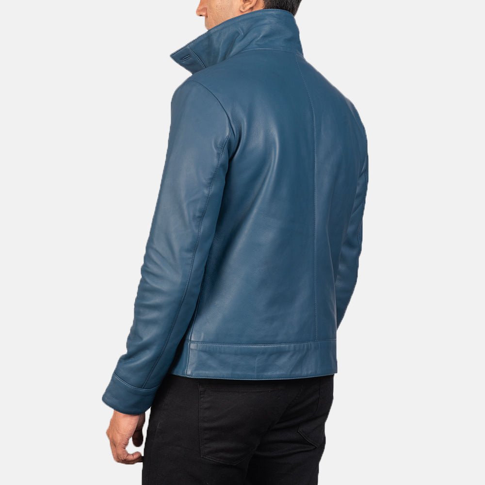 Columbus Blue Leather Bomber Jacket - men's jacket in blue sheepskin leather, view 5
