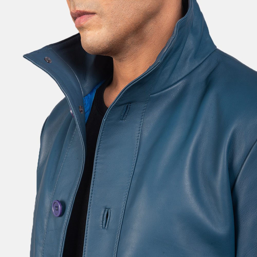 Columbus Blue Leather Bomber Jacket - men's jacket in blue sheepskin leather, view 6