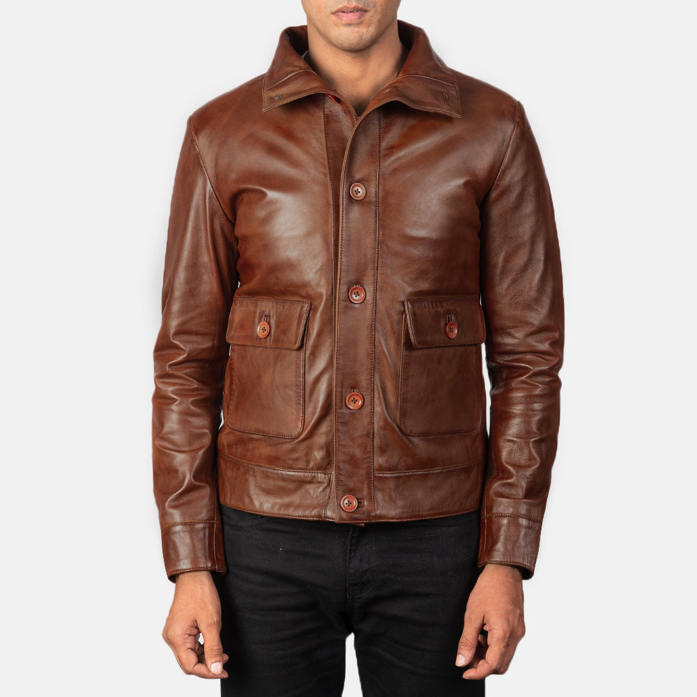 Columbus Brown Leather Bomber Jacket - men's jacket in brown premium leather, view 1