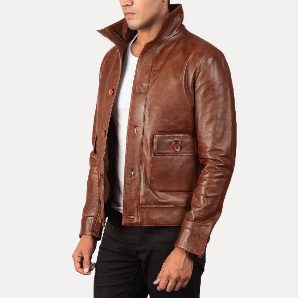 Columbus Brown Leather Bomber Jacket - men's jacket in brown premium leather, view 2