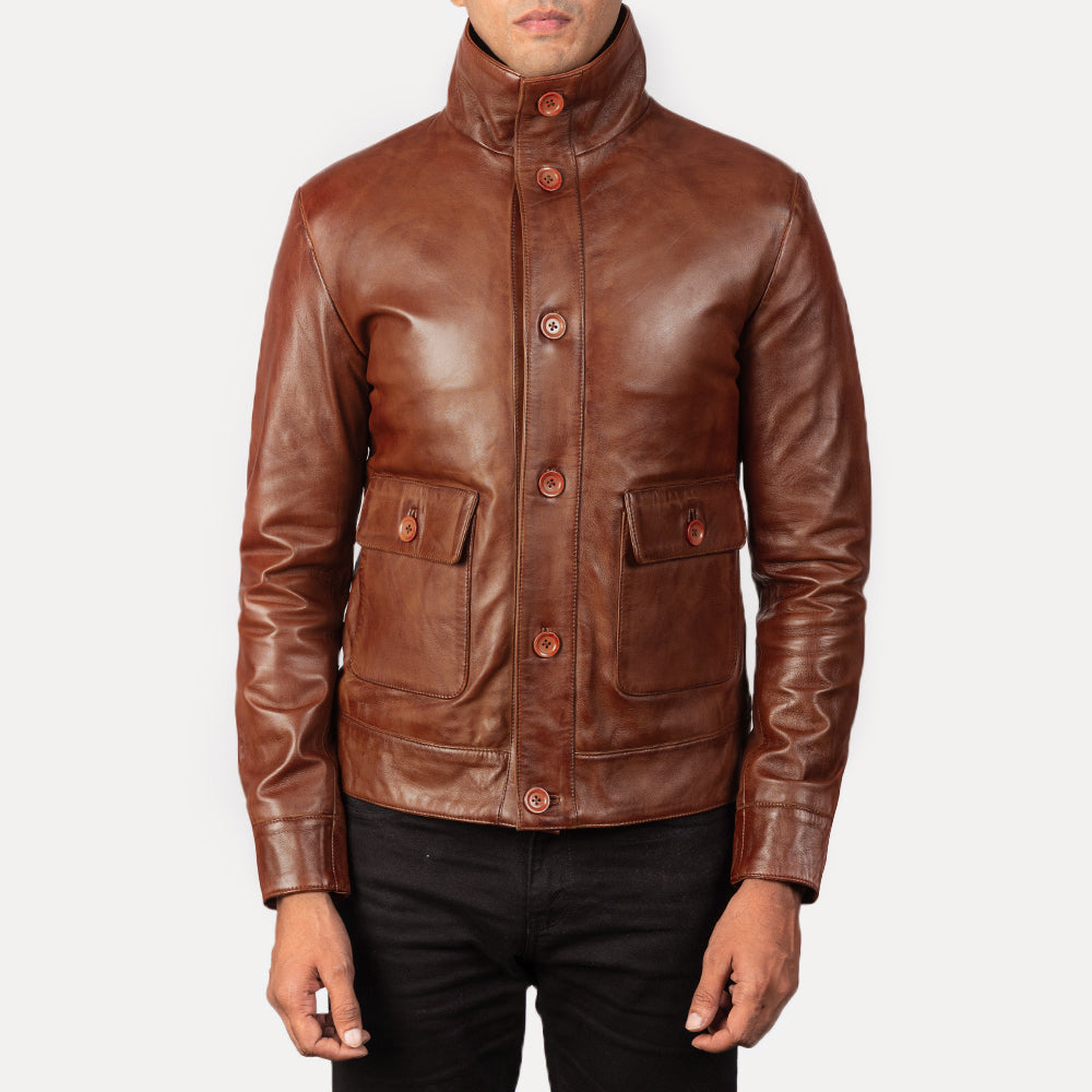 Columbus Brown Leather Bomber Jacket - men's jacket in brown premium leather, view 3