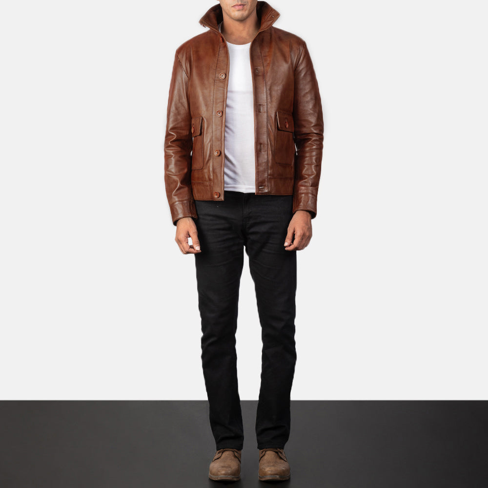 Columbus Brown Leather Bomber Jacket - men's jacket in brown premium leather, view 4