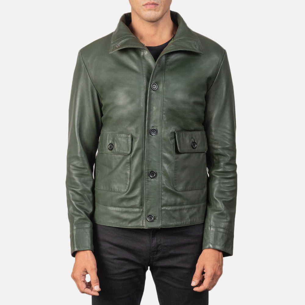 Columbus Green Leather Bomber Jacket - men's jacket in green sheepskin leather, view 1