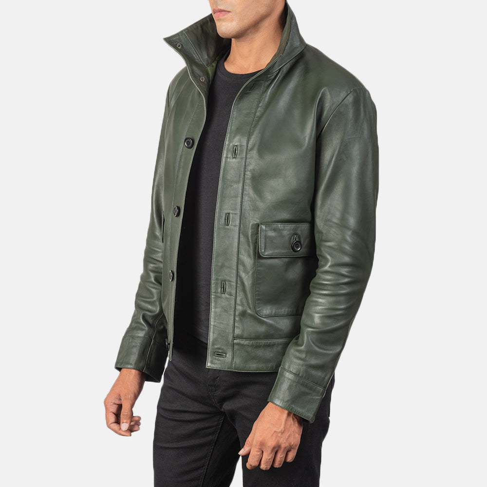 Columbus Green Leather Bomber Jacket - men's jacket in green sheepskin leather, view 2
