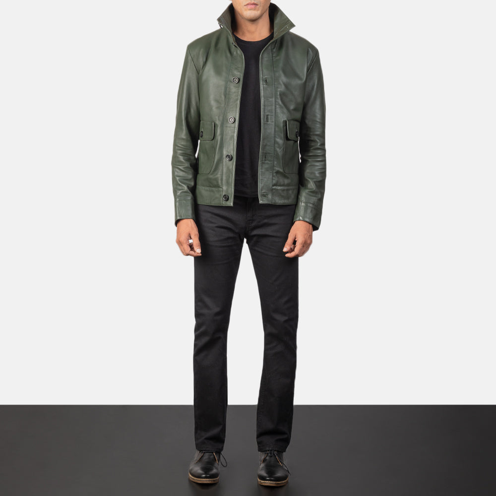 Columbus Green Leather Bomber Jacket - men's jacket in green sheepskin leather, view 3