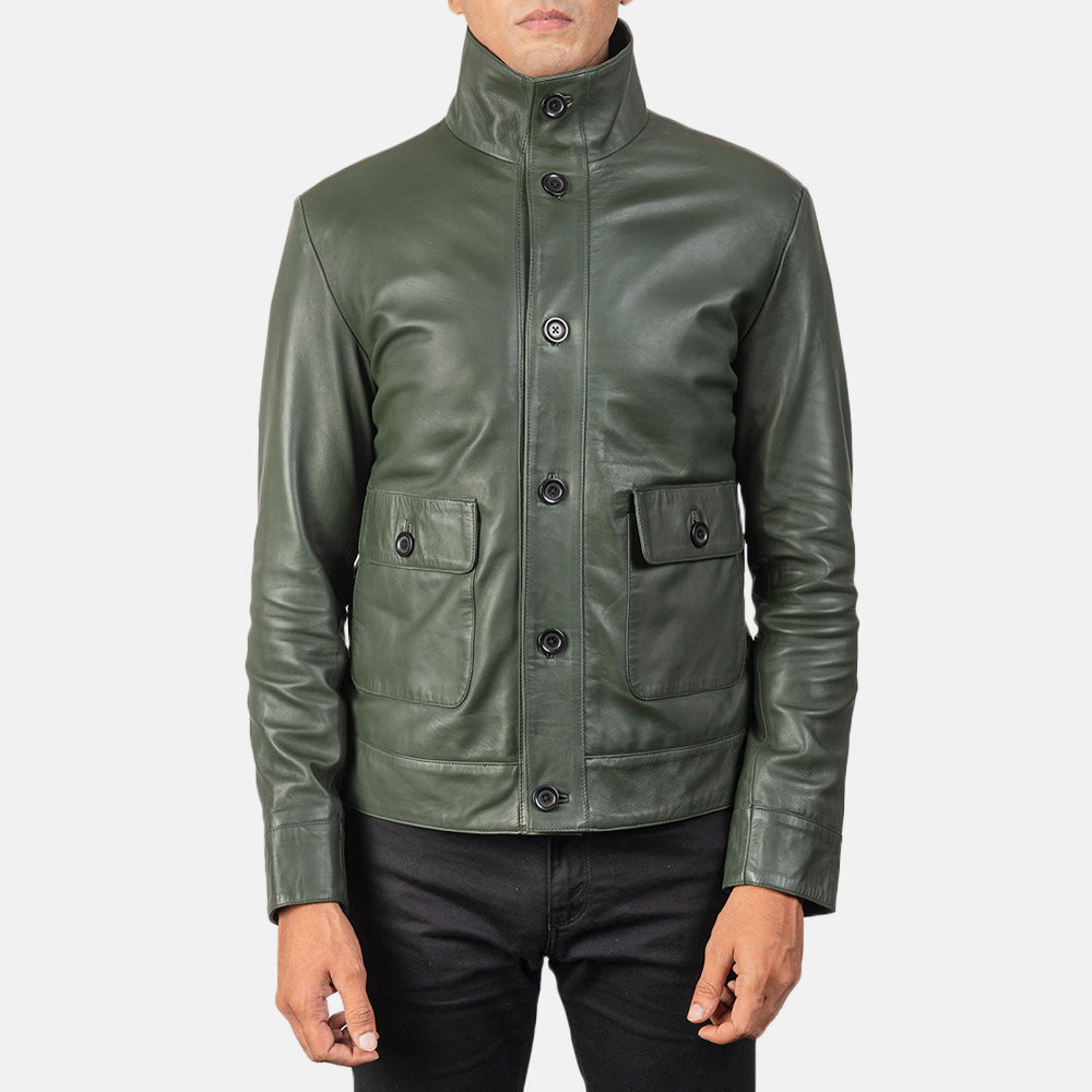 Columbus Green Leather Bomber Jacket - men's jacket in green sheepskin leather, view 4
