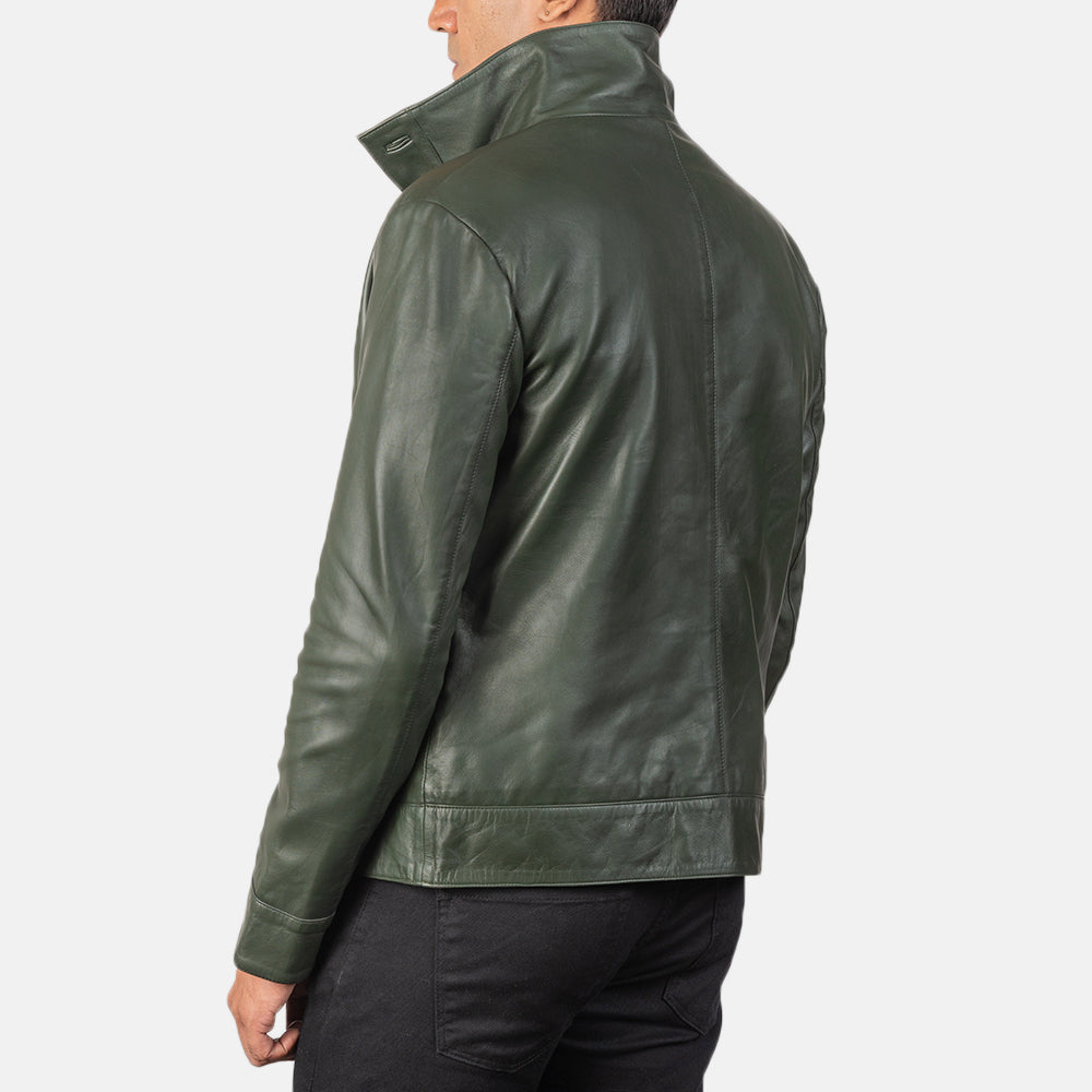 Columbus Green Leather Bomber Jacket - men's jacket in green sheepskin leather, view 5