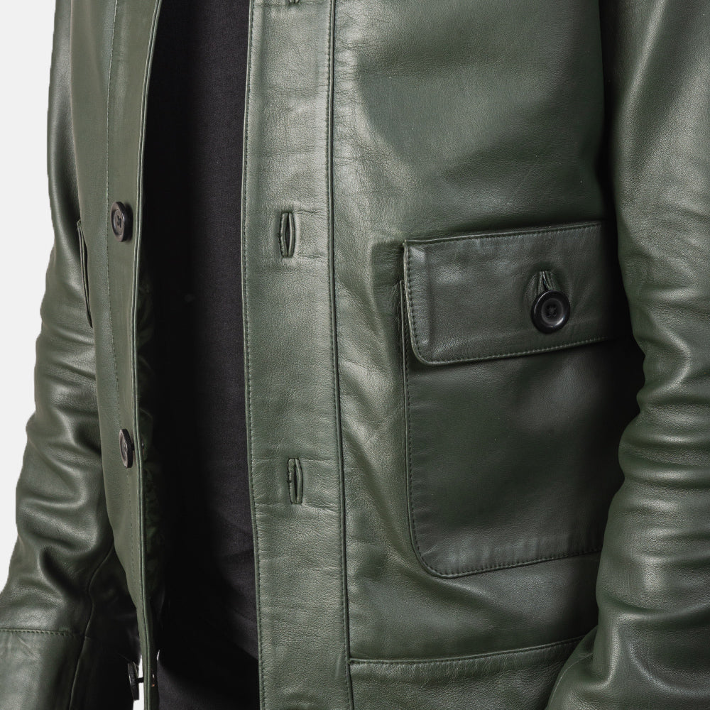 Columbus Green Leather Bomber Jacket - men's jacket in green sheepskin leather, view 6