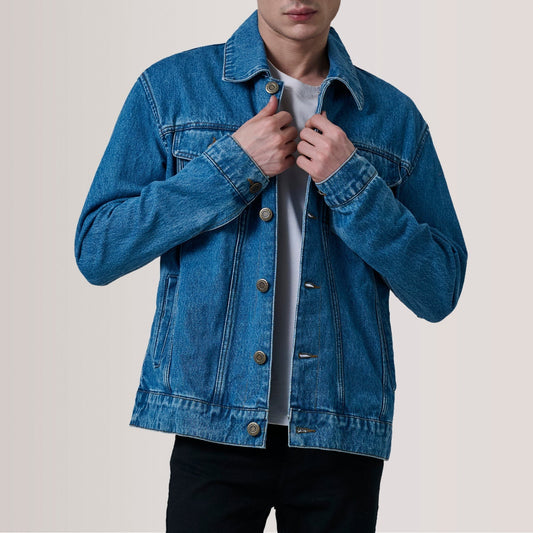 Conard Blue Denim Trucker Jacket - men's jacket in blue denim, view 1