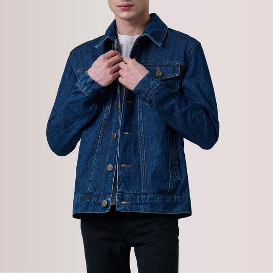 Conard Dark Blue Denim Trucker Jacket - men's jacket in dark blue denim, view 1