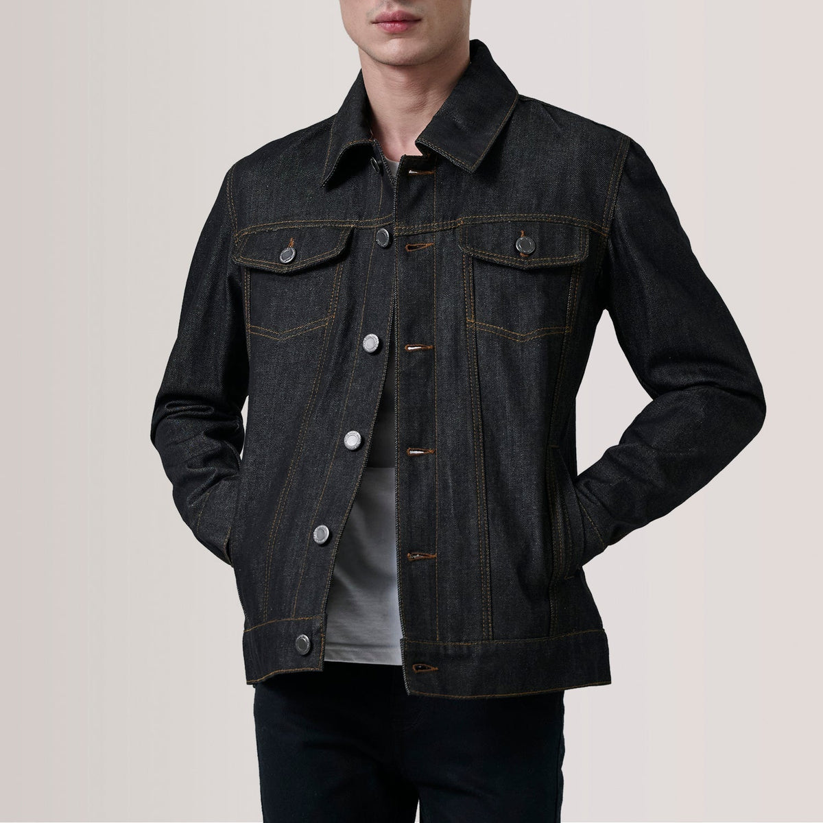 Conard Faded Black Denim Trucker Jacket - men's jacket in faded black denim, view 1
