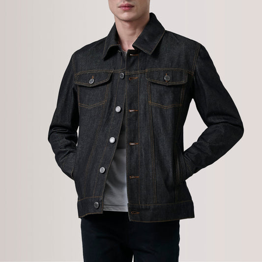 Conard Faded Black Denim Trucker Jacket - men's jacket in faded black denim, view 1