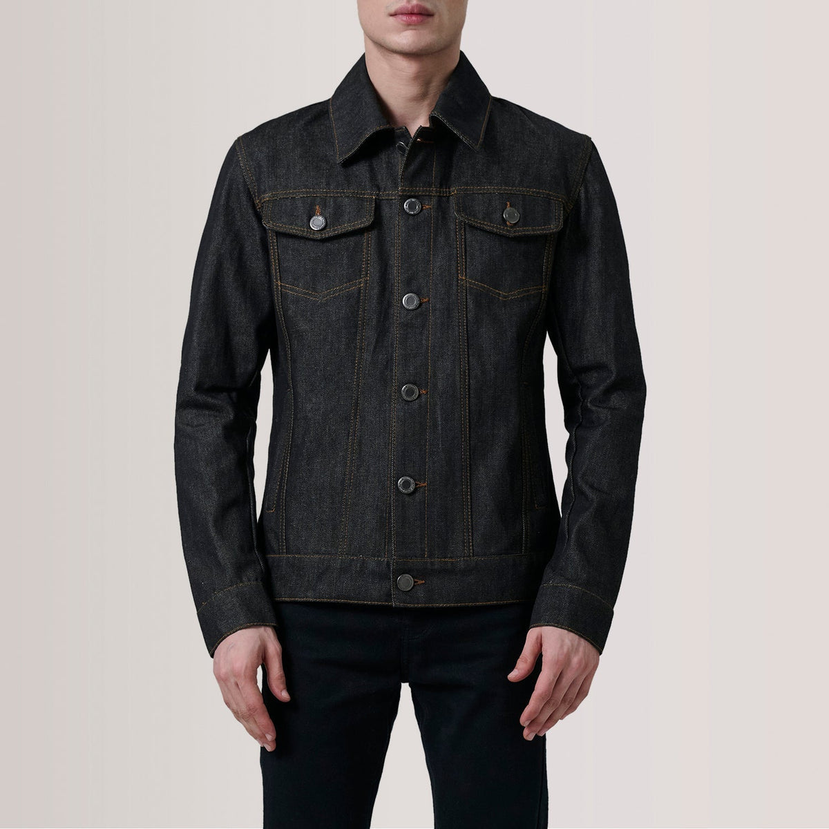 Conard Faded Black Denim Trucker Jacket - men's jacket in faded black denim, view 5