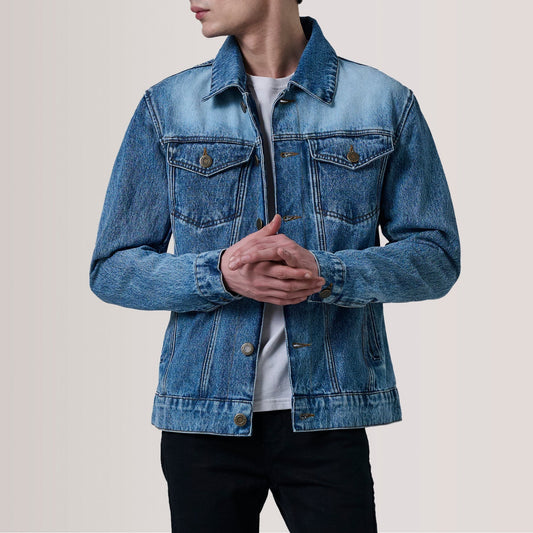 Conard Ice Blue Denim Trucker Jacket - men's jacket in ice blue denim, view 1