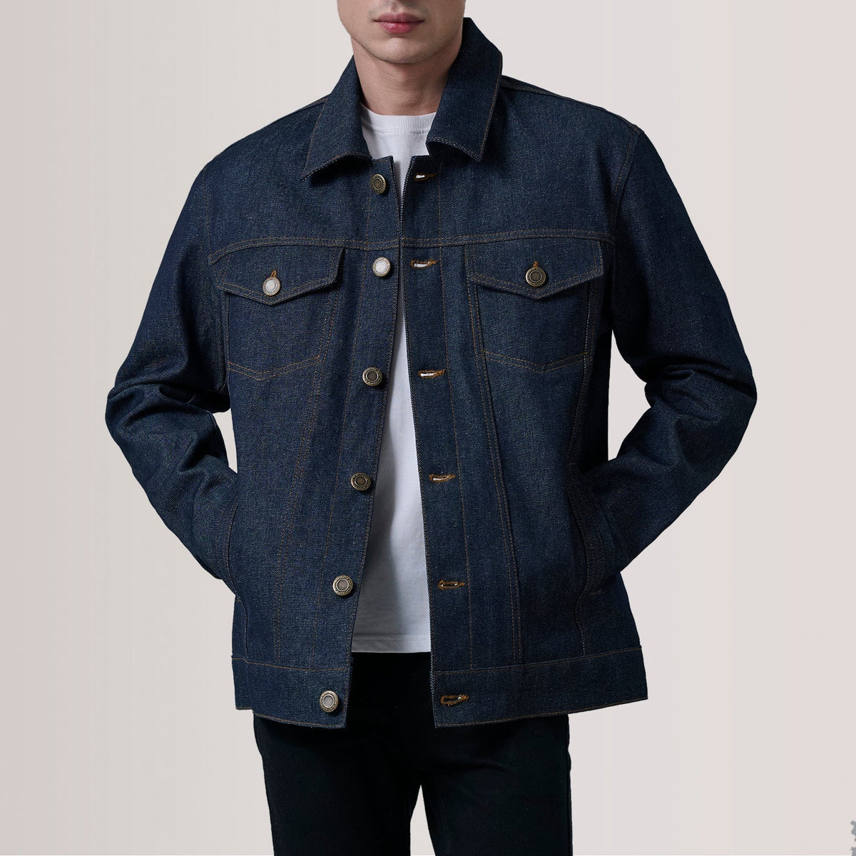 Conard Indigo Blue Denim Trucker Jacket - men's jacket in indigo blue denim, view 1