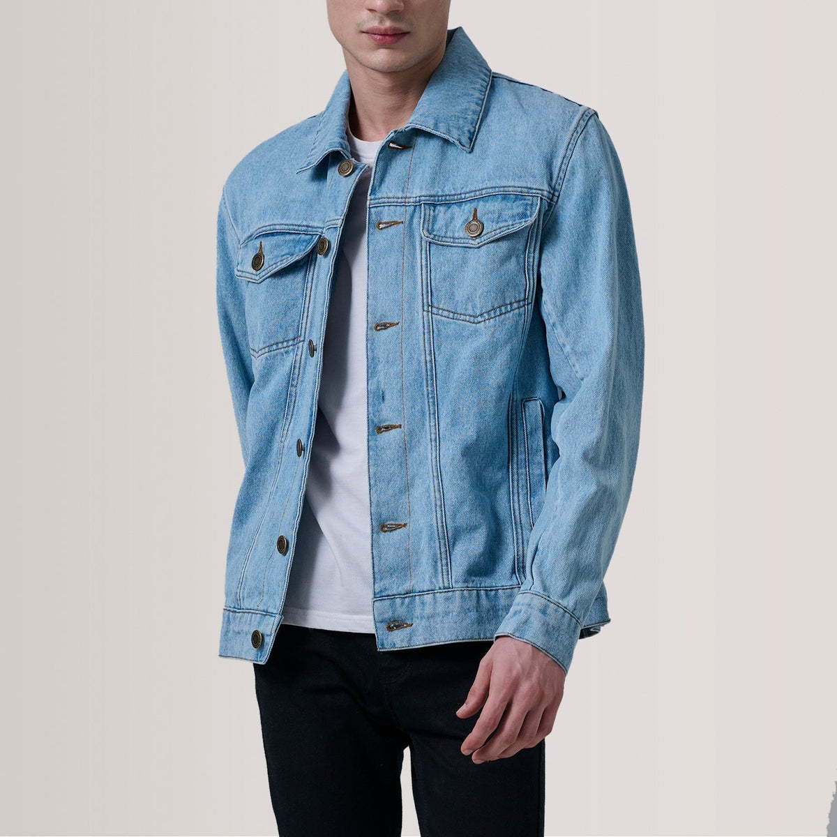 Conard Light Blue Denim Trucker Jacket - men's jacket in light blue denim, view 1