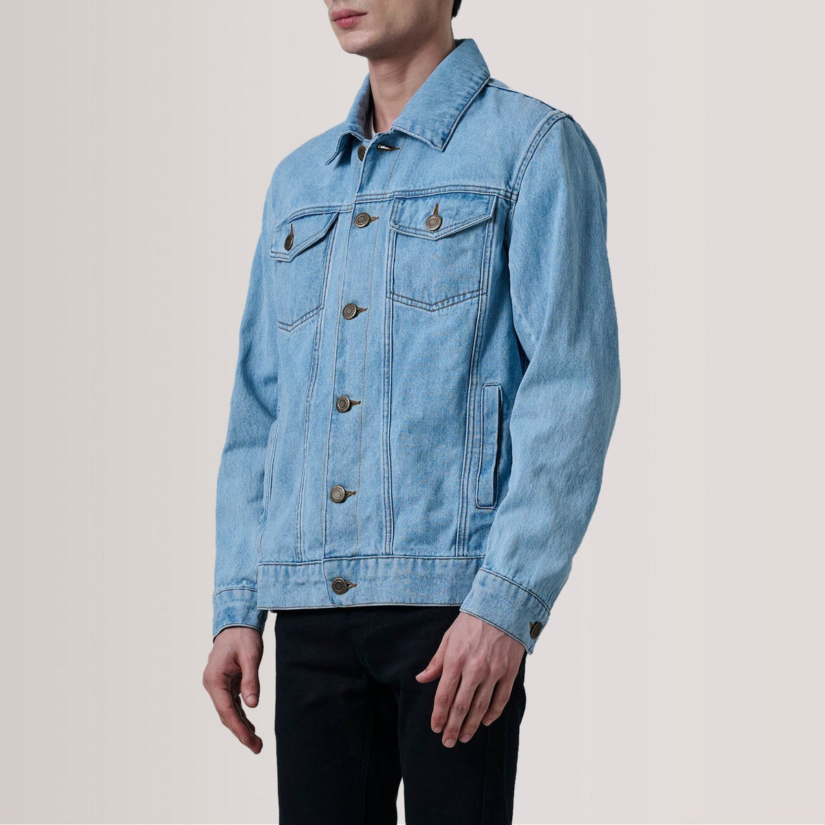 Conard Light Blue Denim Trucker Jacket - men's jacket in light blue denim, view 3